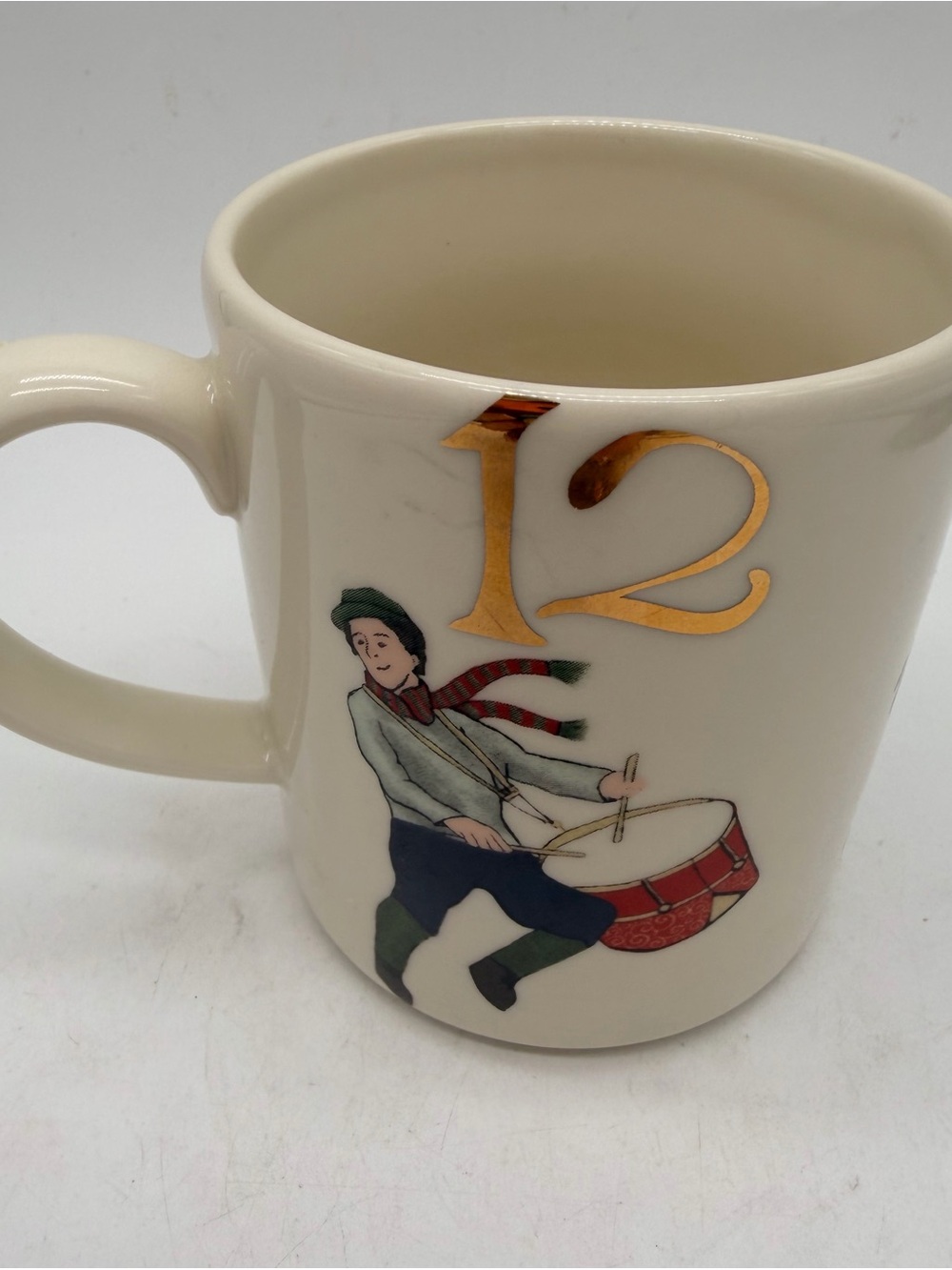 Lenox Festive Days Cream Ceramic Mug with Gold '10,11 12' Holiday Drummer Motif
